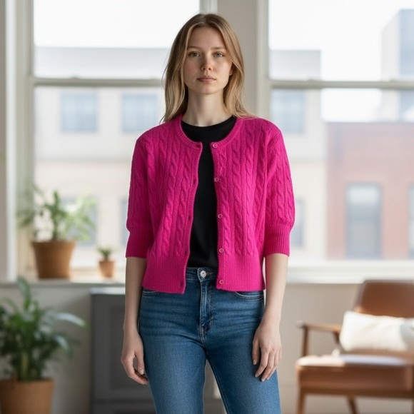 Autumn Cashmere Sweaters - AUTUMN CASHMERE Cashmere Cropped Cable Knit 3/4 Sleeve Cardigan